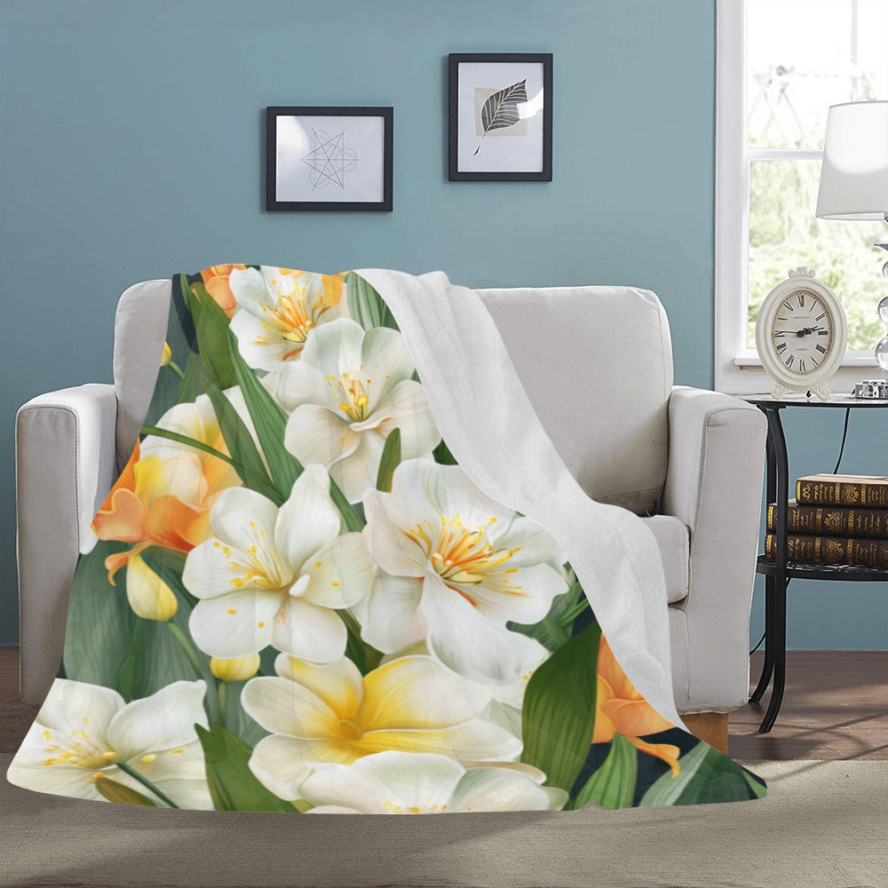 Elegant Freesia Flower Throw Blanket - Ultra-Soft 60x80 Fleece Blanket with White and Yellow Floral Design