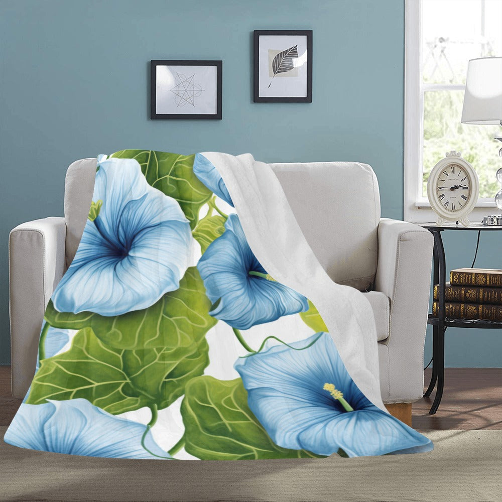 Blue Morning Glory Flower Throw Blanket - Cozy 60x80 Ultra-Soft Fleece Blanket with Green Leaf Design