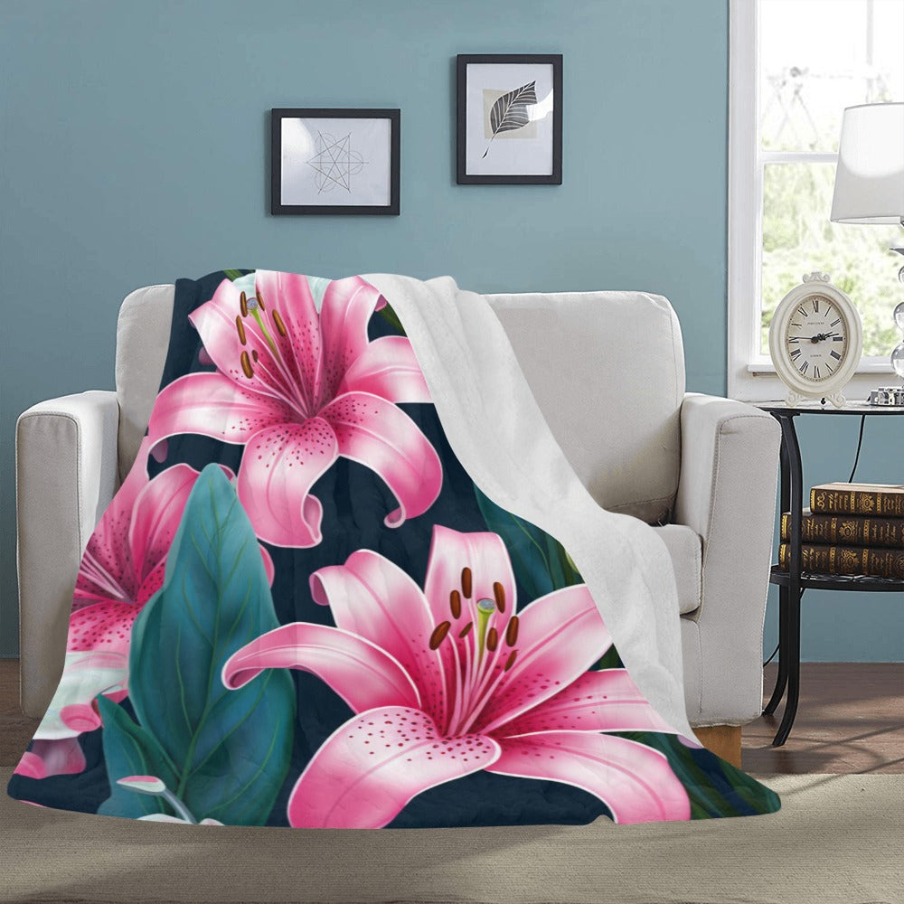 Pink Lily Blanket | Floral Fleece Blanket | Ultra-Soft Micro Fleece | Cozy Throw Blanket | 60x80