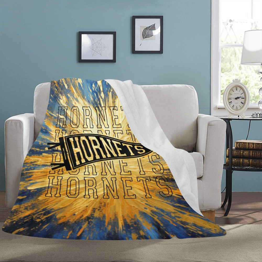 Cranberry Lake Designs Hornets Logo Blanket - Blue and Gold Burst