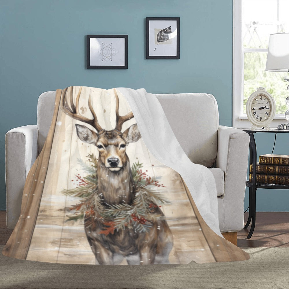 Rustic Winter Deer & Holly Fleece Blanket