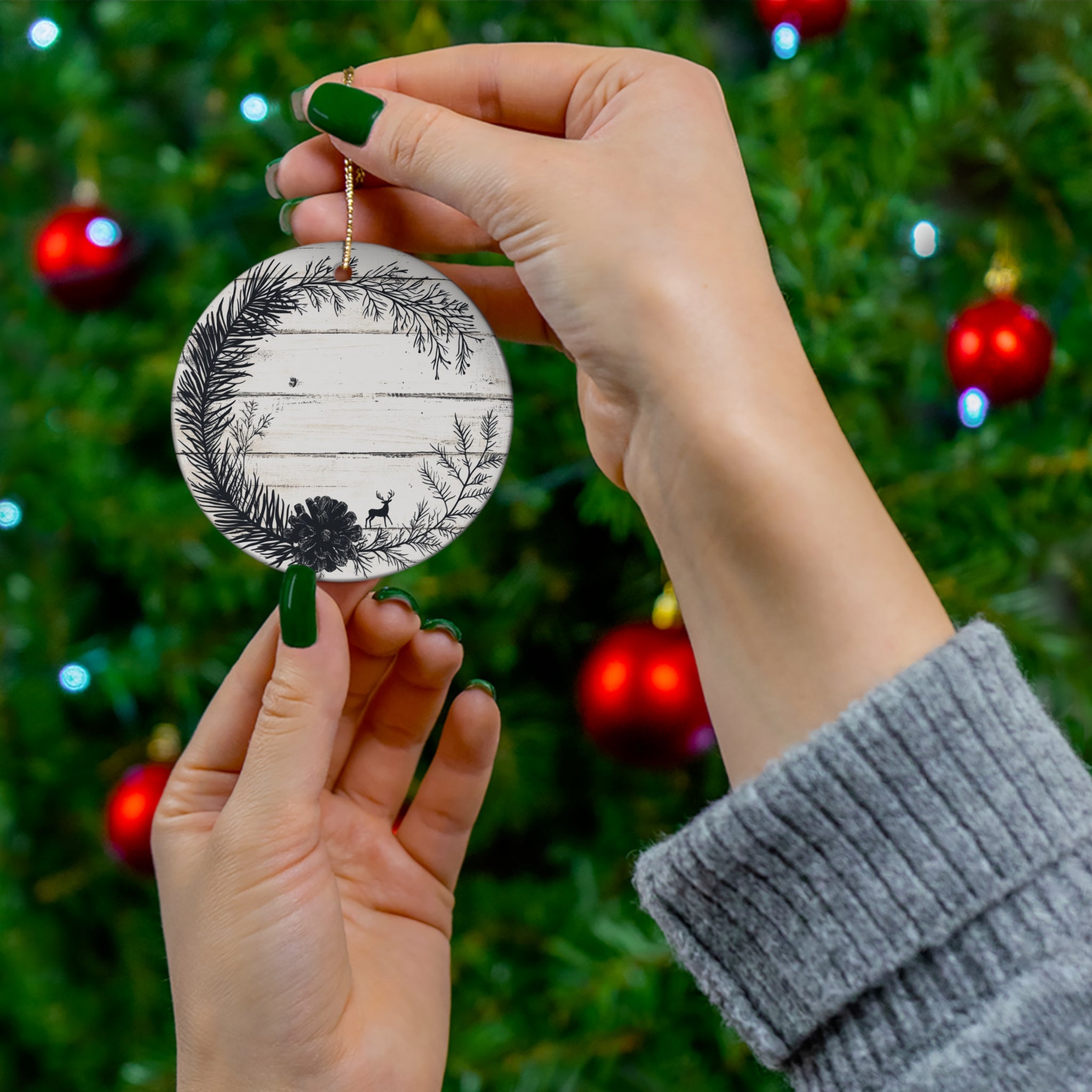 Rustic Pine Branch and Deer Wreath Ornament