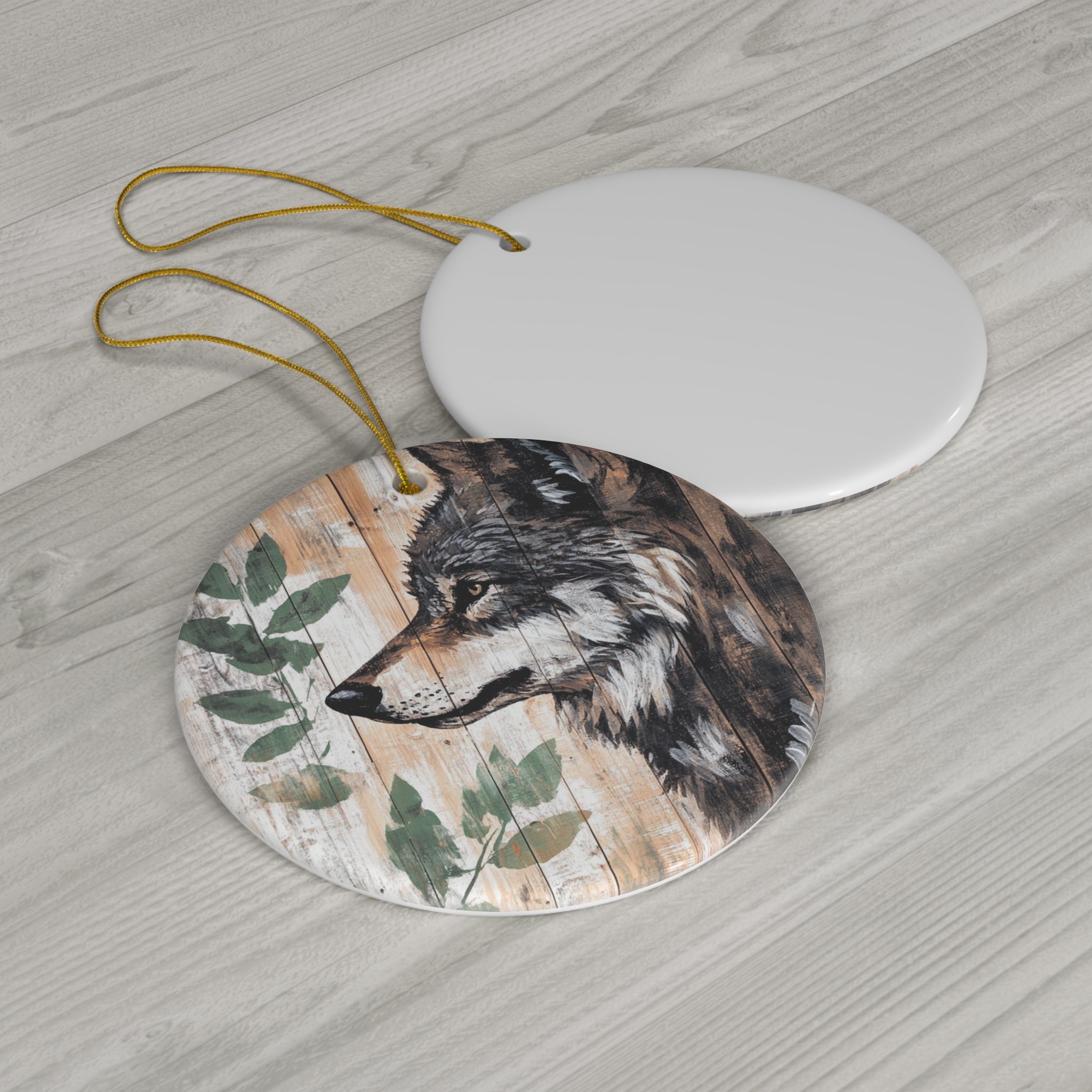 Custom Rustic Wolf Ceramic Ornament