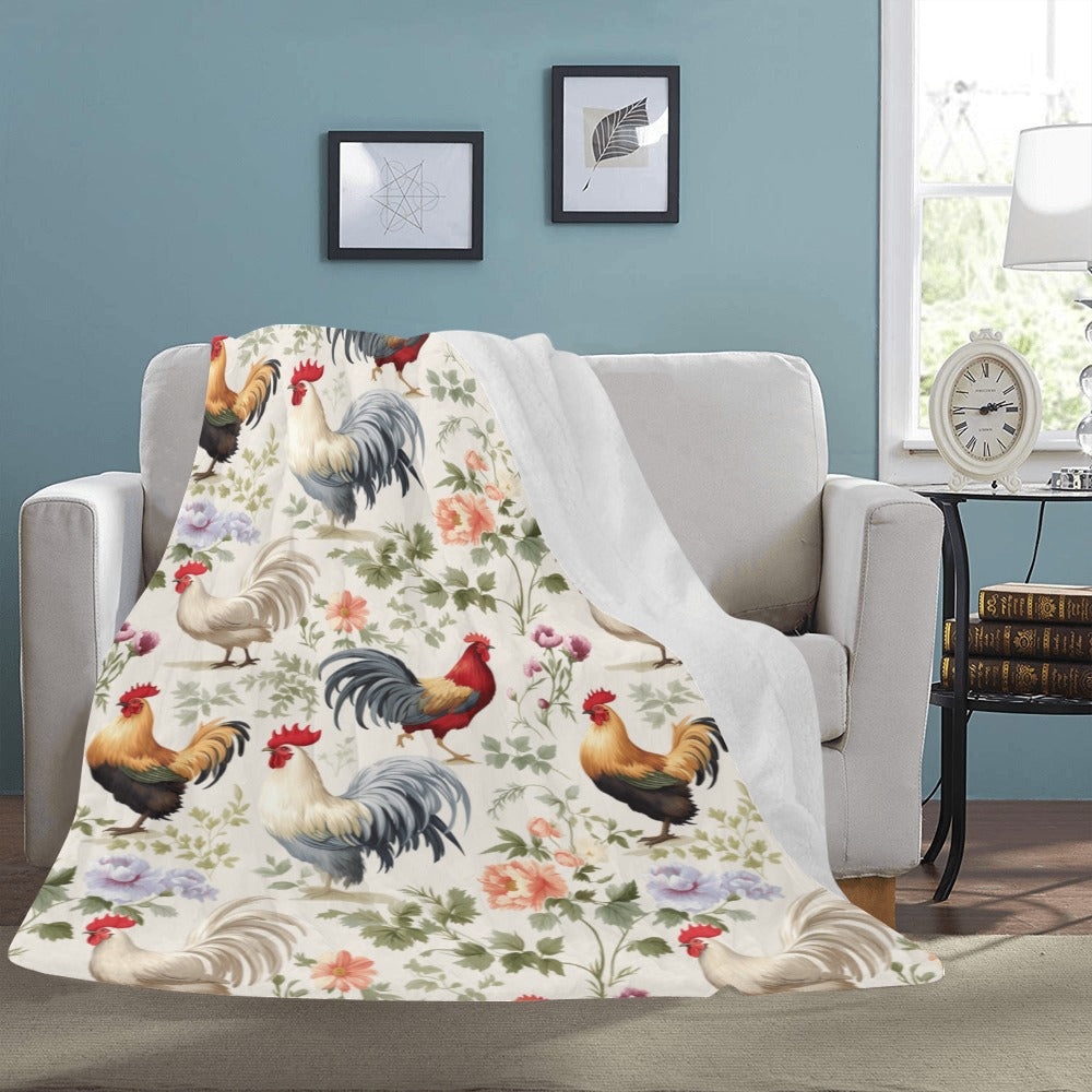 Rustic Rooster & Floral Micro Fleece Blanket