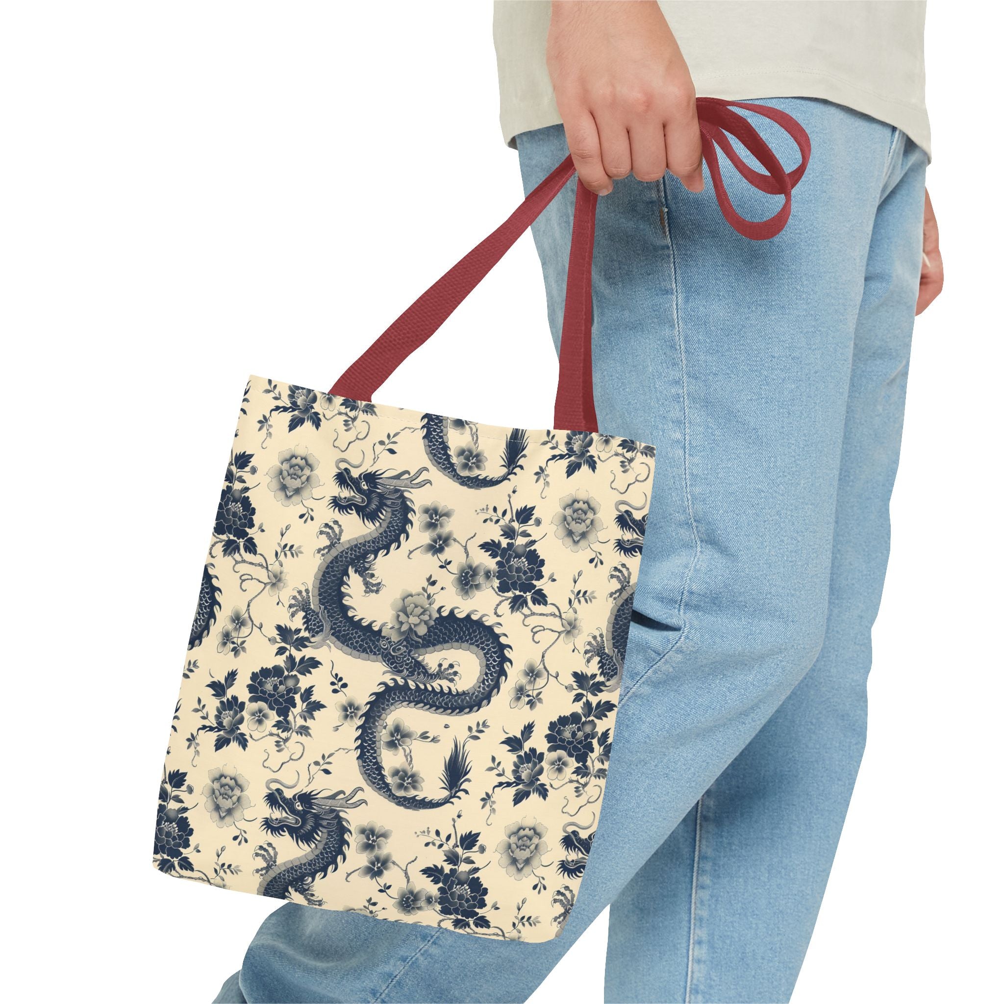 Blue Floral Dragon Tote Bag