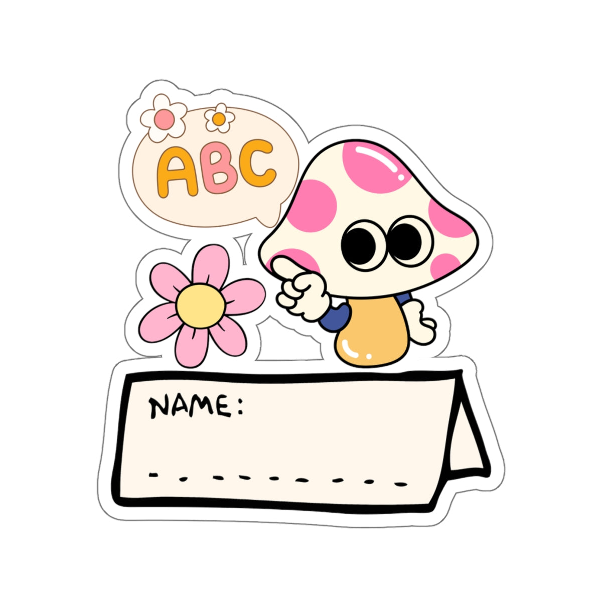 Learning Animals Cute Pink Mushroom School Name Tag Kiss-Cut Sticker for Kids Back to School - Cranberry Lake Design Co.  #