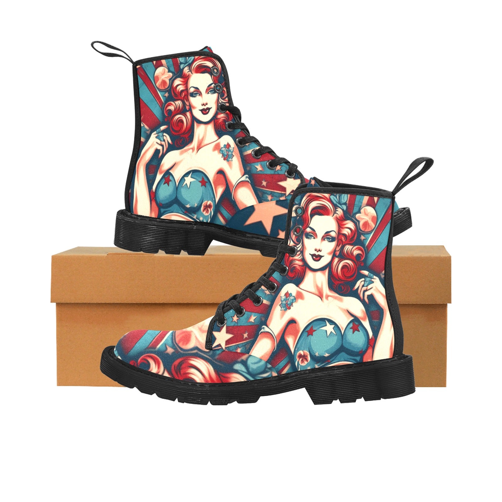 American Flag Patriotic Pin Up Girl Women's Lace Up Canvas Boots (Black) - Cranberry Lake Design Co.  #