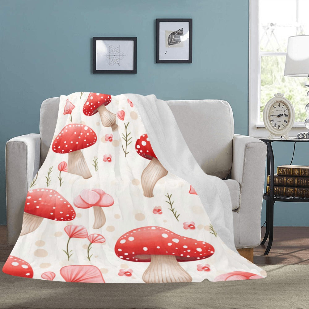 Charming Red Mushroom & Floral Micro Fleece Blanket