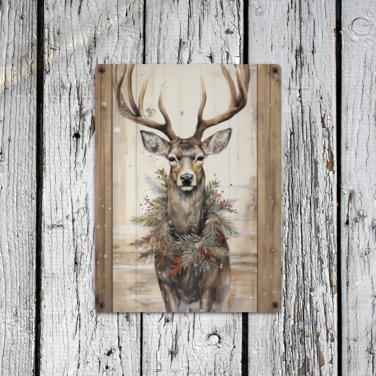 Rustic Winter Deer with Wreath Metal Tin Sign - Cranberry Lake Design Co.  #