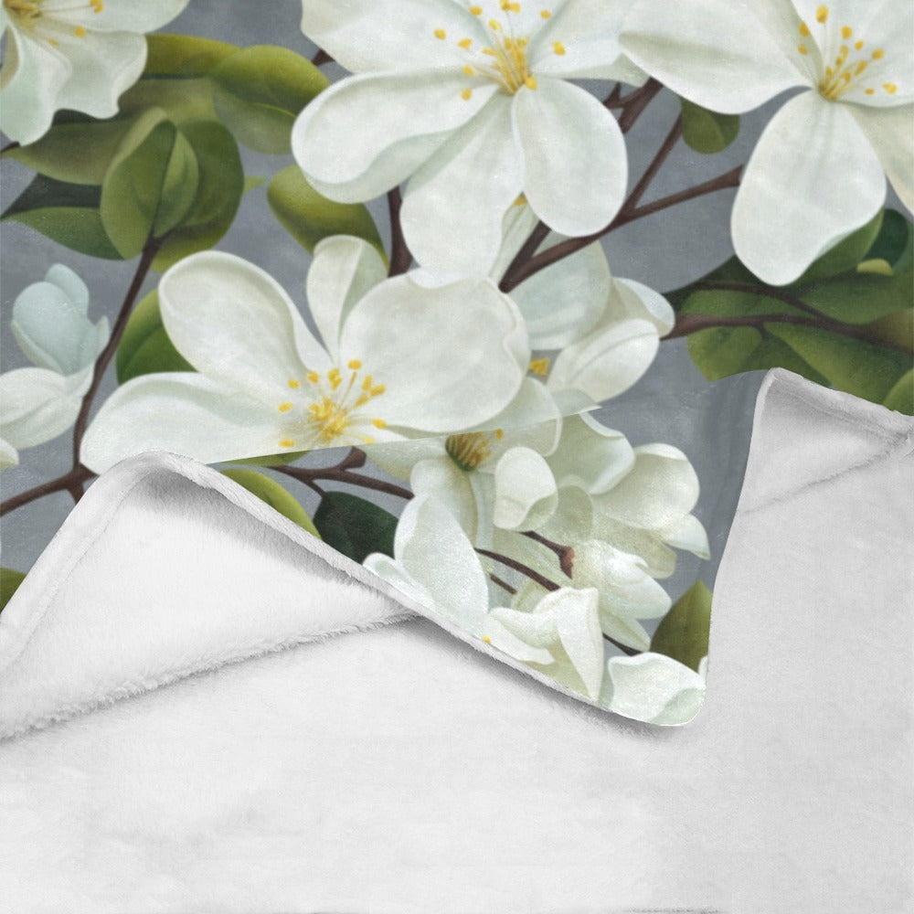 White Blossom Fleece Blanket | Ultra-Soft Micro Fleece | Floral Throw Blanket | 60x80 | Made in USA