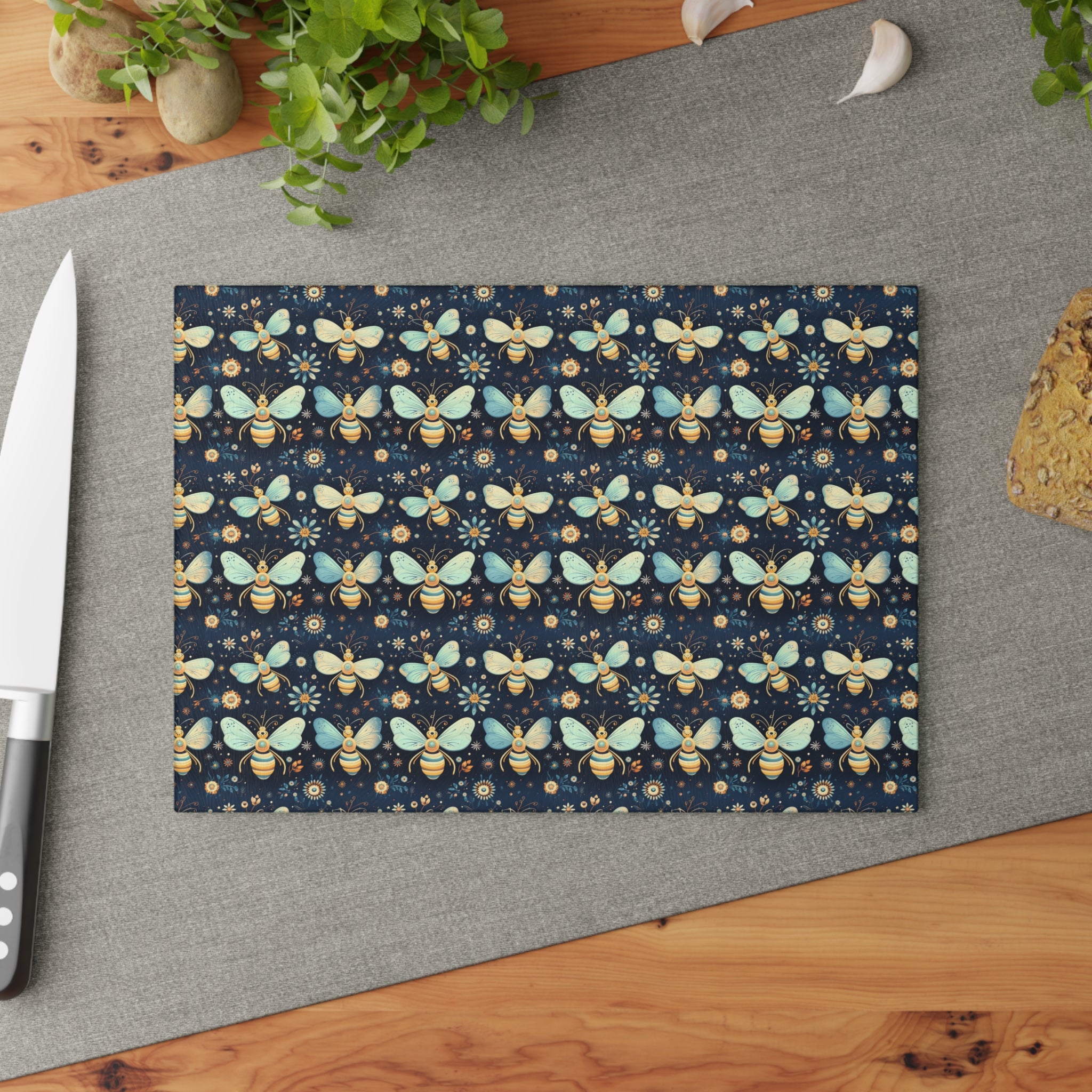 Blue and Yellow Bumble Bee Glass Cutting Board: Sustainable Spring & Summer Home Decor