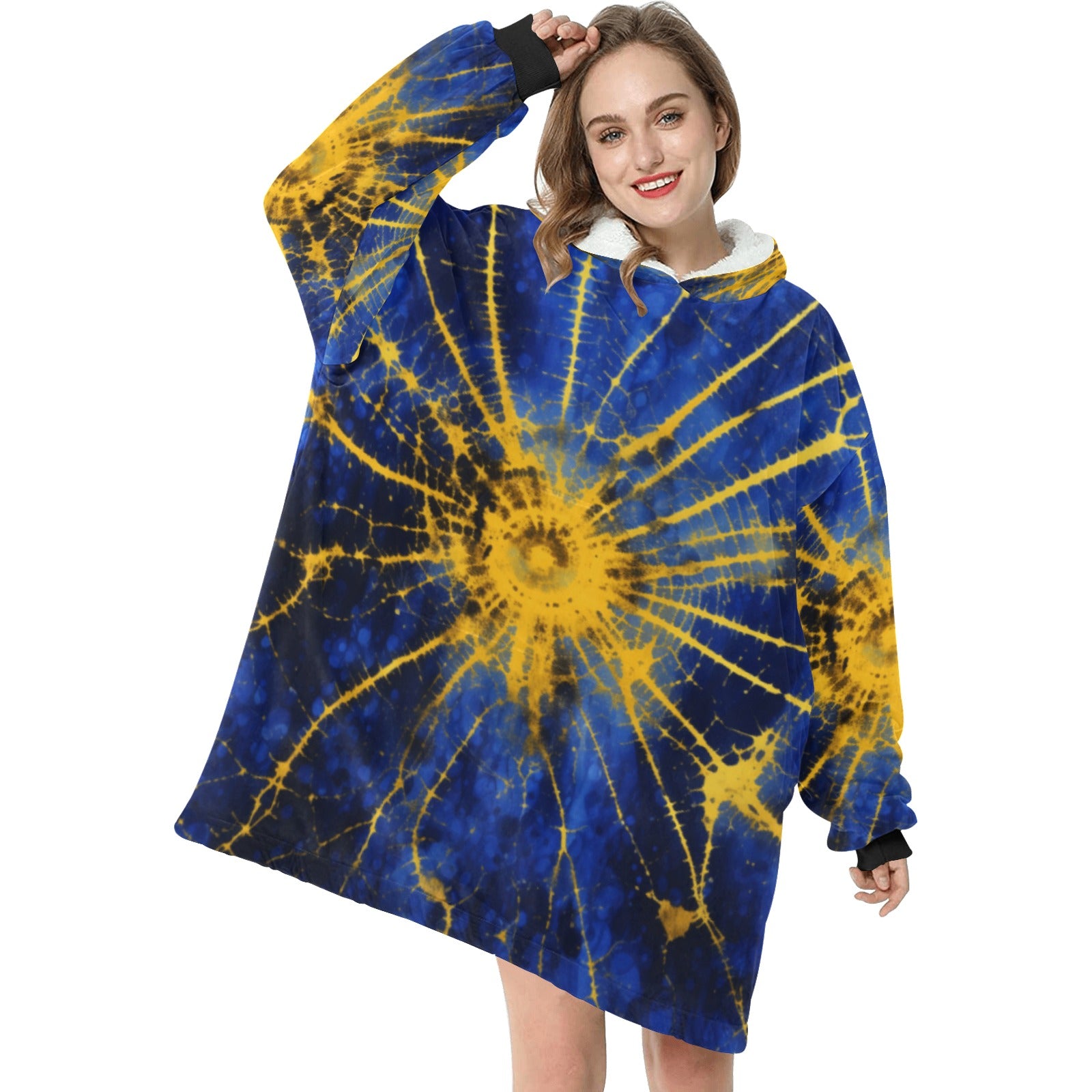 Blue and Gold Tie Dye Blanket Hoodie for Women - Cranberry Lake Design Co.  #