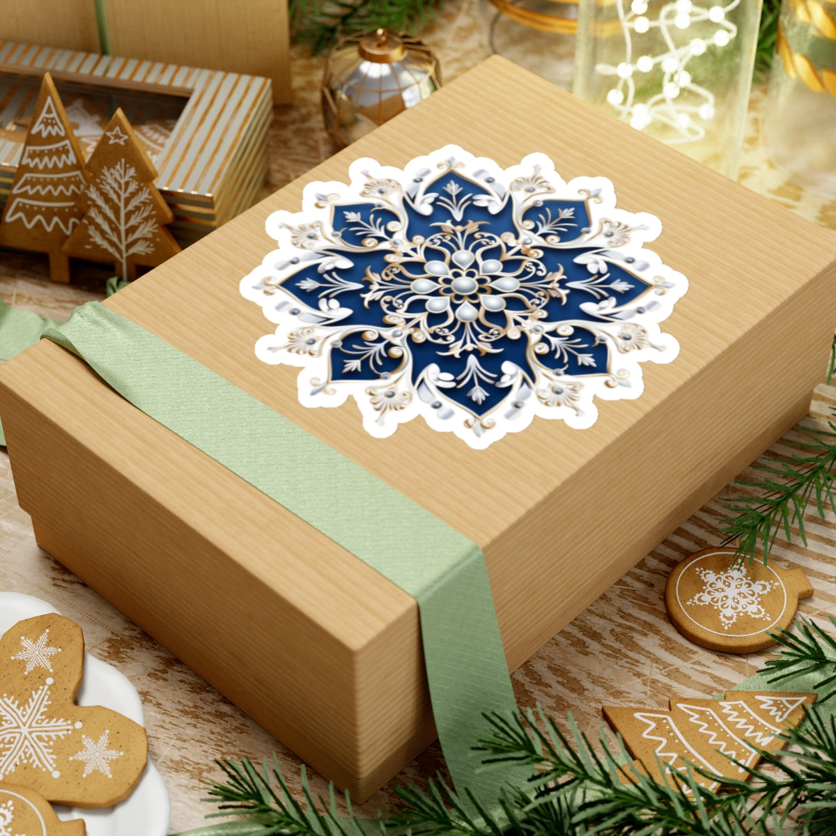 Blue & Gold Ornate Snowflake Holiday Christmas Vinyl Sticker