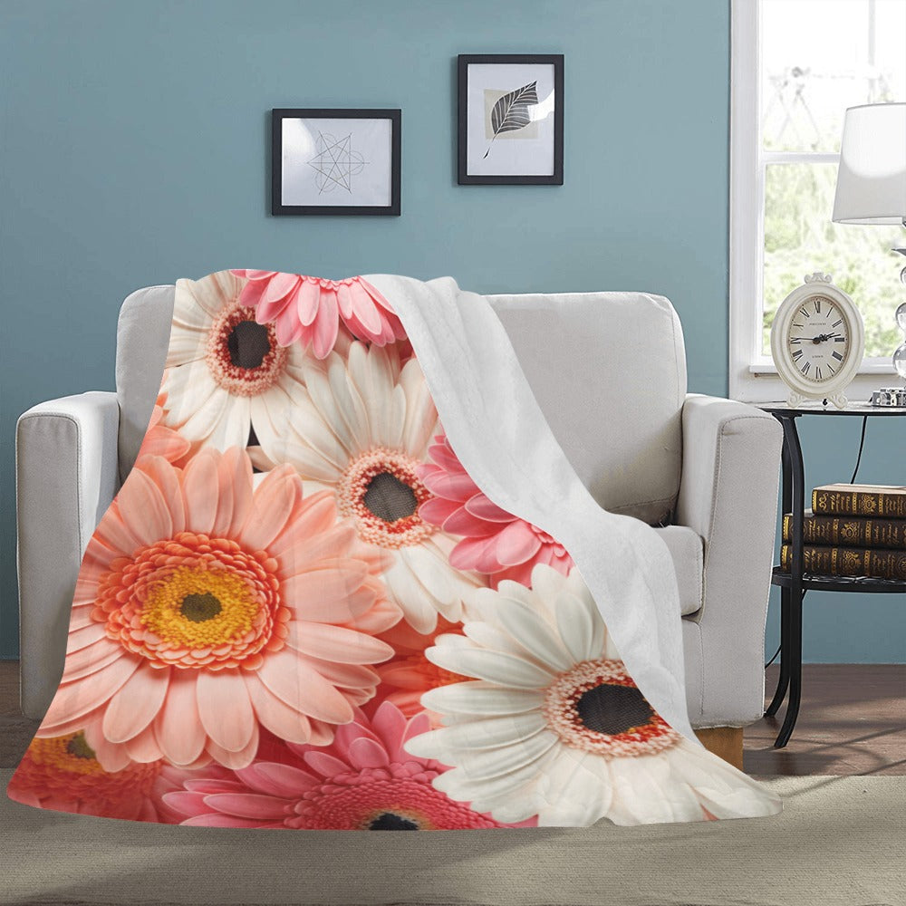 Twin Size Fleece Blanket with Beautiful Pink & White Gerbera Daisies