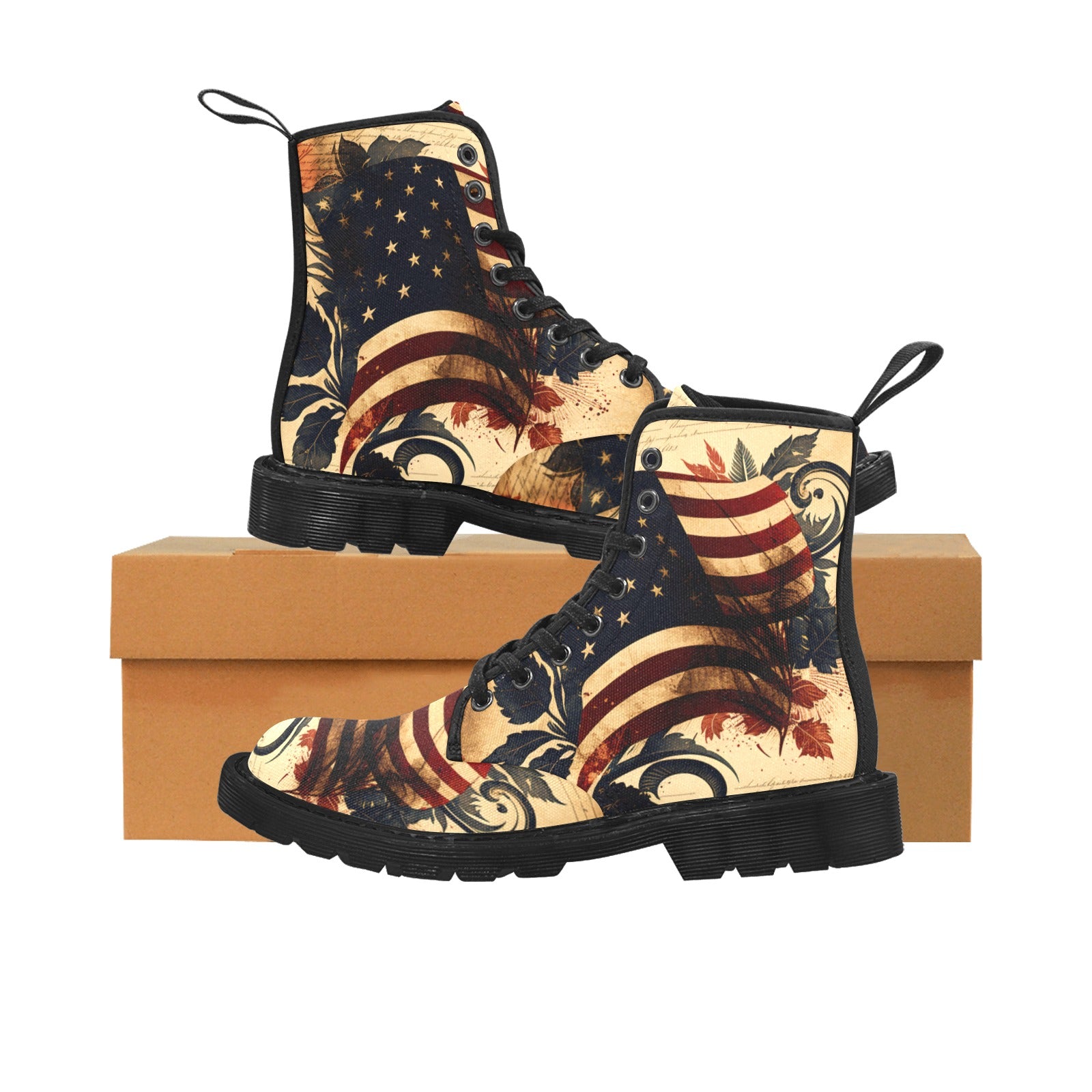 Vintage Patriotic American Flag Crest Women's Lace Up Canvas Boots - Cranberry Lake Design Co.  #