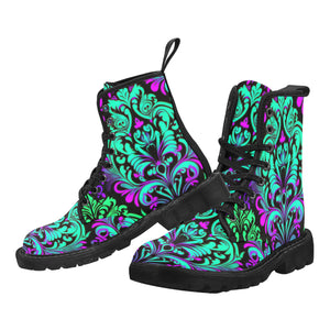 Neon Vintage Turquoise Purple Women's Lace Up Canvas Boots - Black - Cranberry Lake Design Co.  #