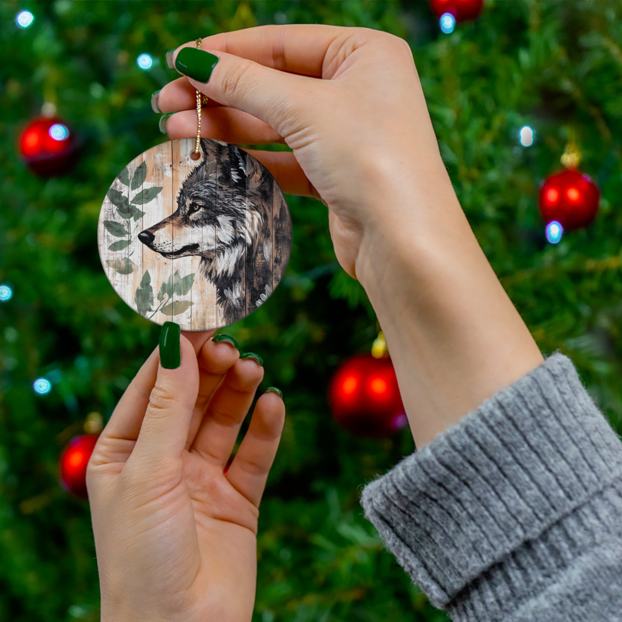 Custom Rustic Wolf Ceramic Ornament