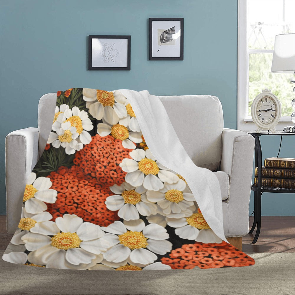 White Daisy and Orange Yarrow Floral Throw Blanket - Cozy 60x80 Fleece Blanket with Bold Flower Design