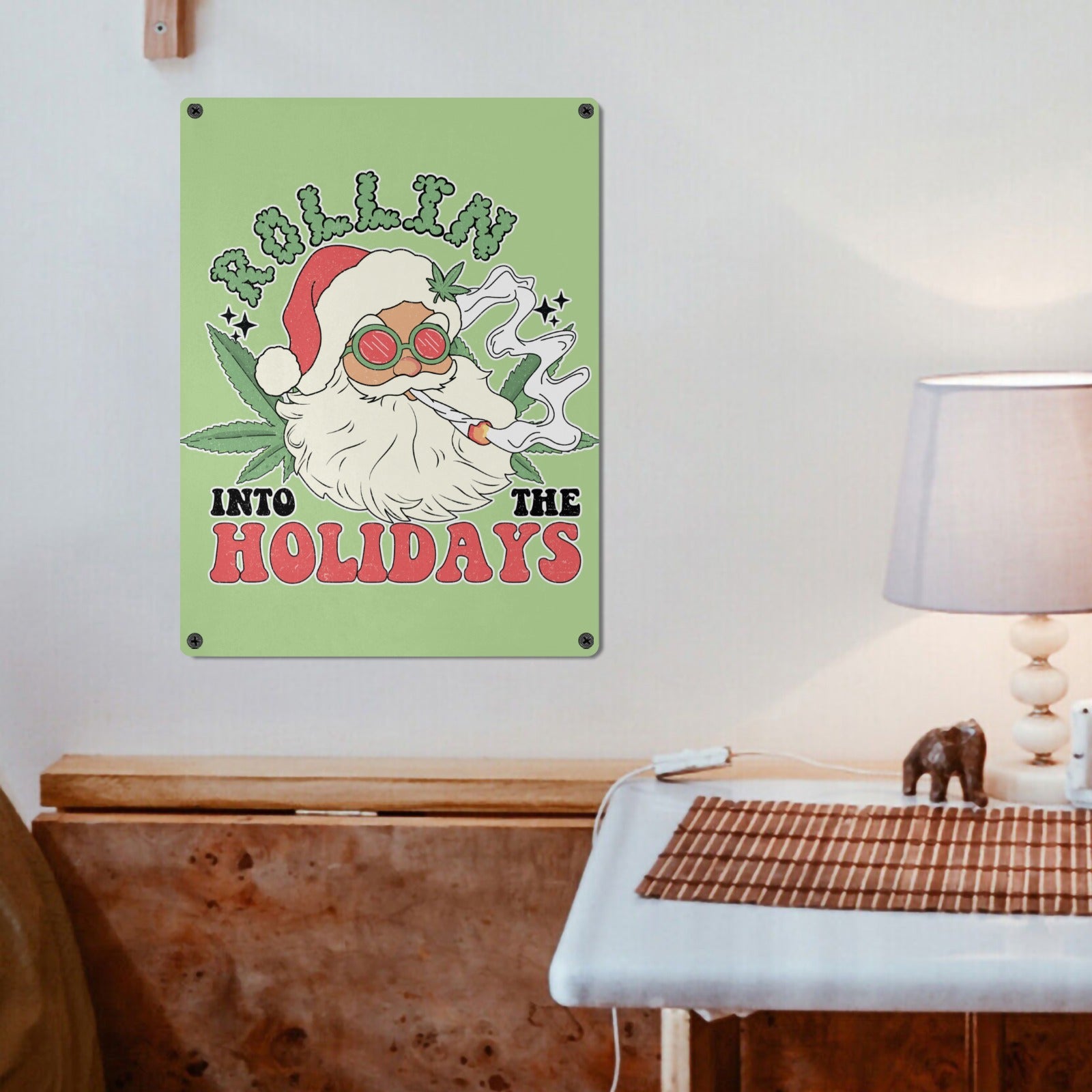 Pot Leaf Christmas Holiday Home Decor Wall Art Poster Funny Santa Sign Indoor / Outdoor Metal Tin Sign 12"x16"