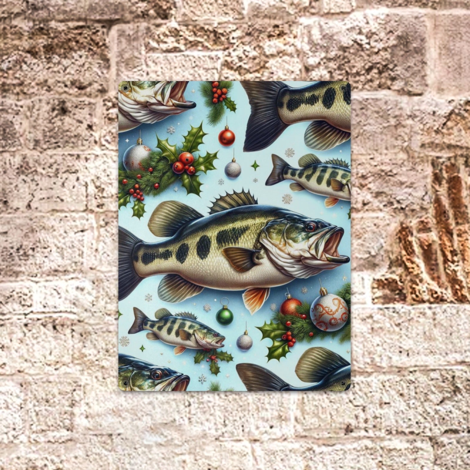Rustic Christmas Cabin Home Decor Fishing Wall Art Poster Bass Sign Indoor / Outdoor Metal Tin Sign 12"x16"