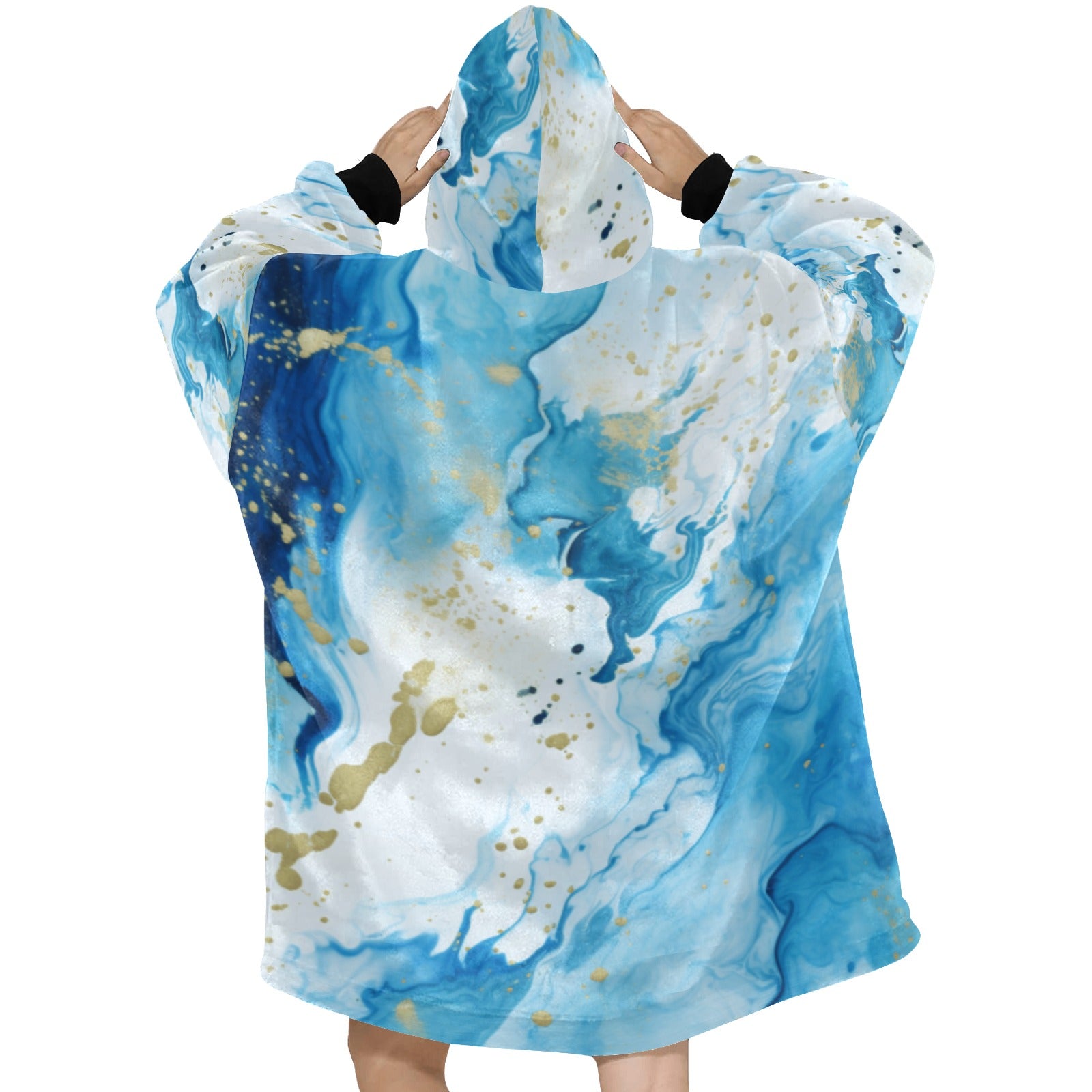 Blue and Gold Alcohal Ink Blanket Hoodie for Women - Cranberry Lake Design Co.  #