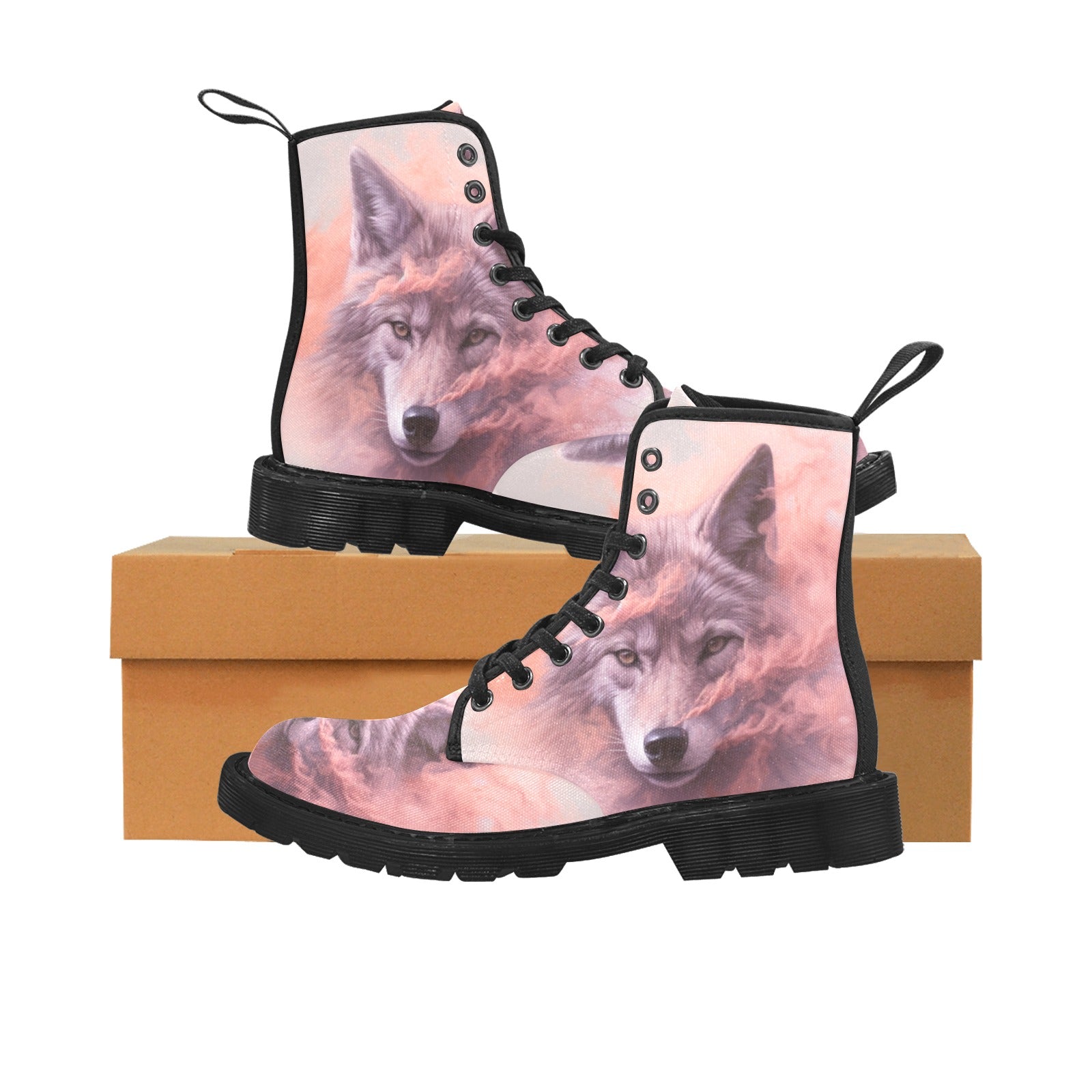 Pink Smoke Wolf Women's Lace Up Canvas Boots (Black) - Cranberry Lake Design Co.  #