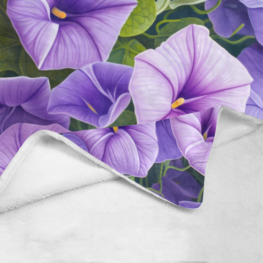 Purple Morning Glory Flower Throw Blanket - Soft 60x80 Fleece Blanket with Leaf Design for Cozy Comfort