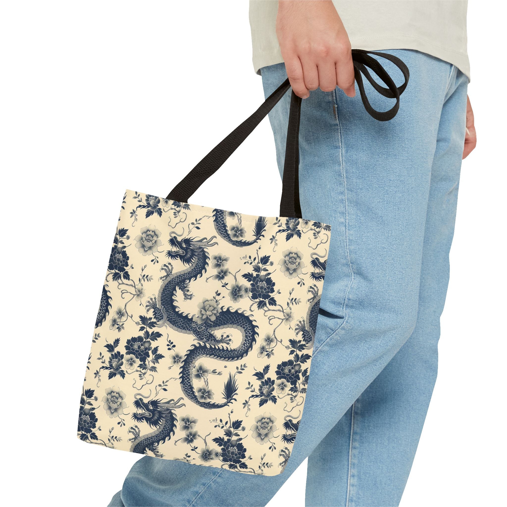 Blue Floral Dragon Tote Bag