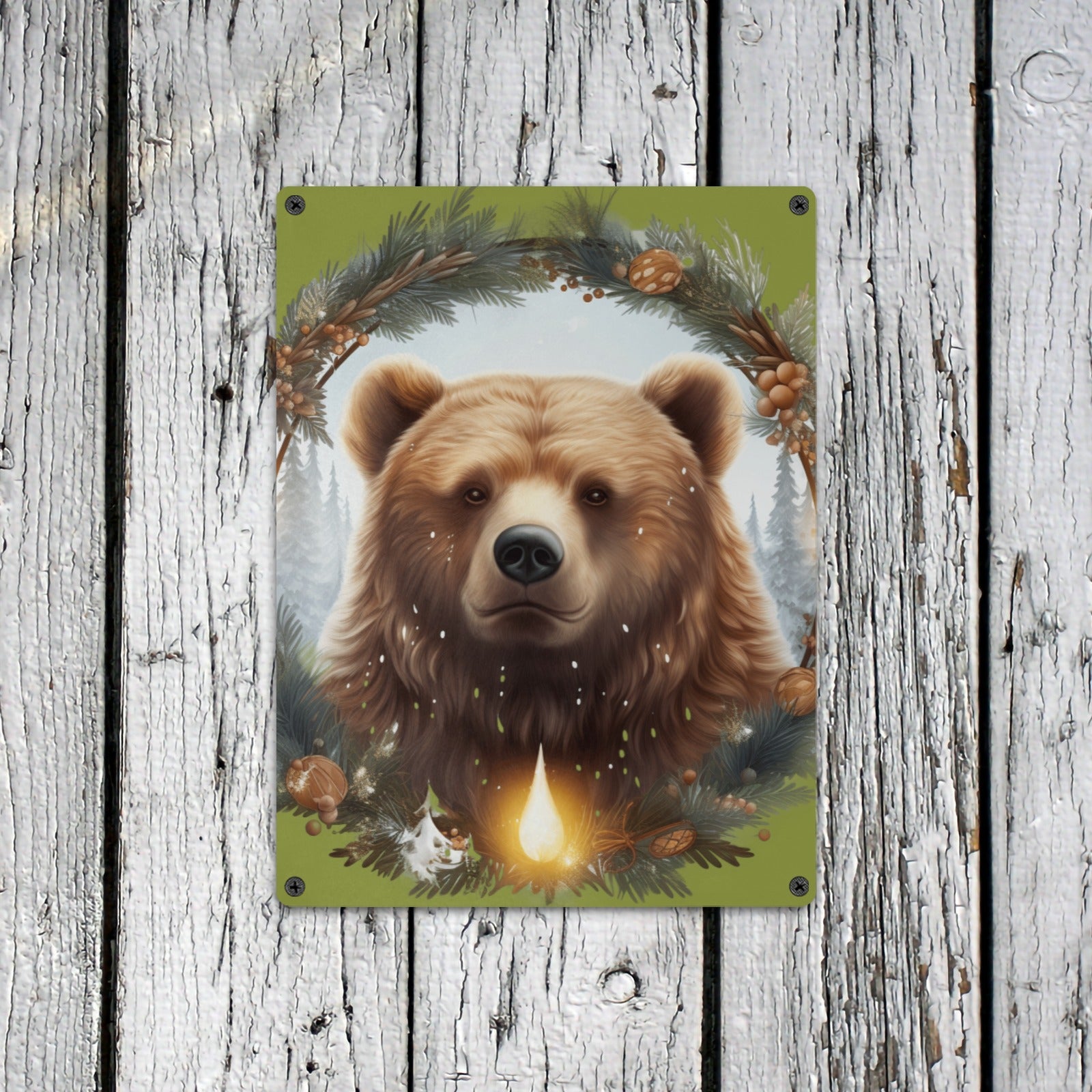 Rustic Bear Metal Sign - Christmas Cabin Decor | 12x16" Indoor/Outdoor Tin Sign by Cranberry Lake Designs