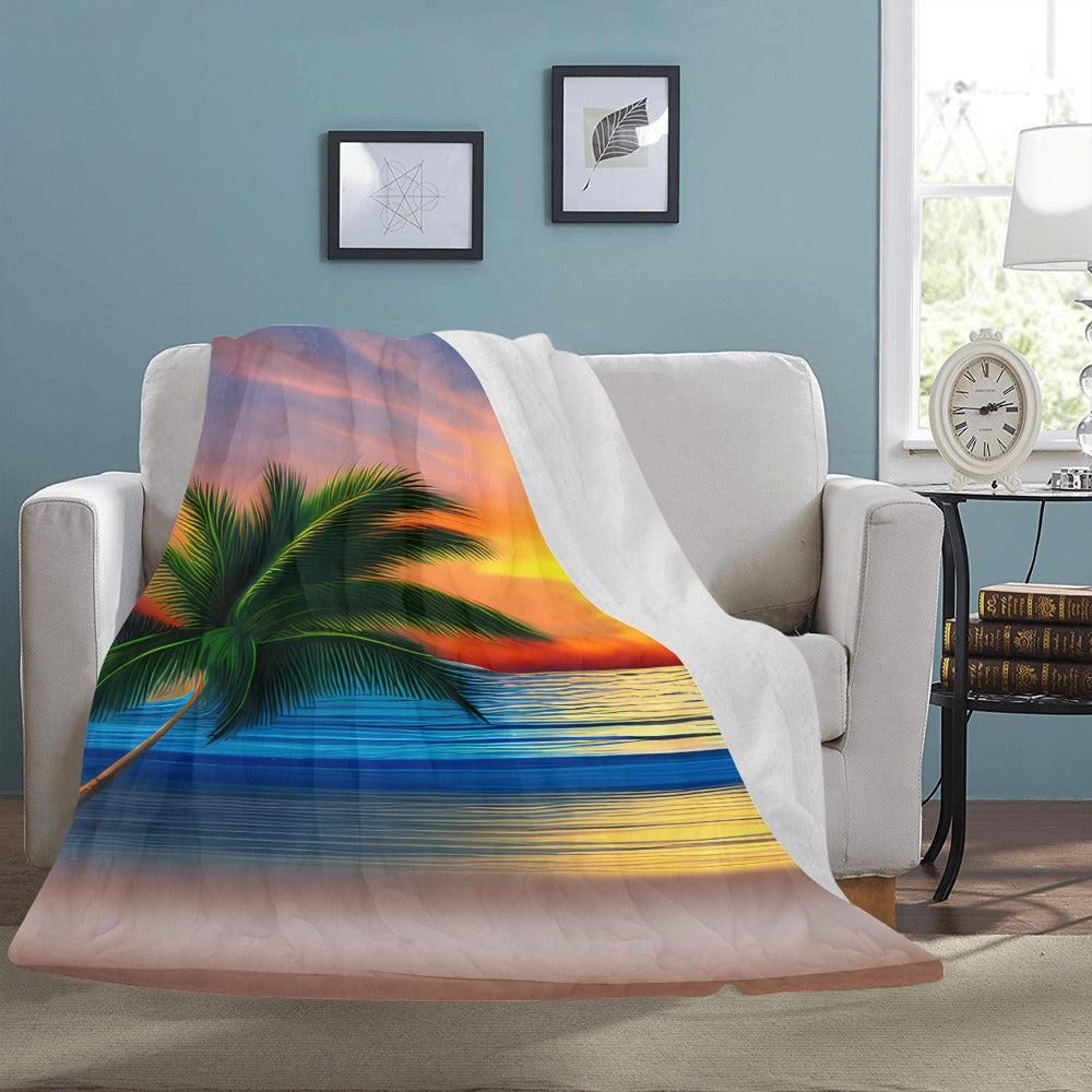 Ocean Palm Tree Sunset Beach Throw Blanket