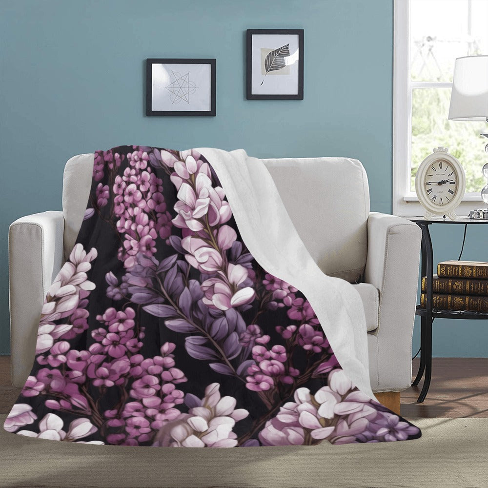 Twin Size Fleece Blanket with Rich Purple Floral Print on Dark Background