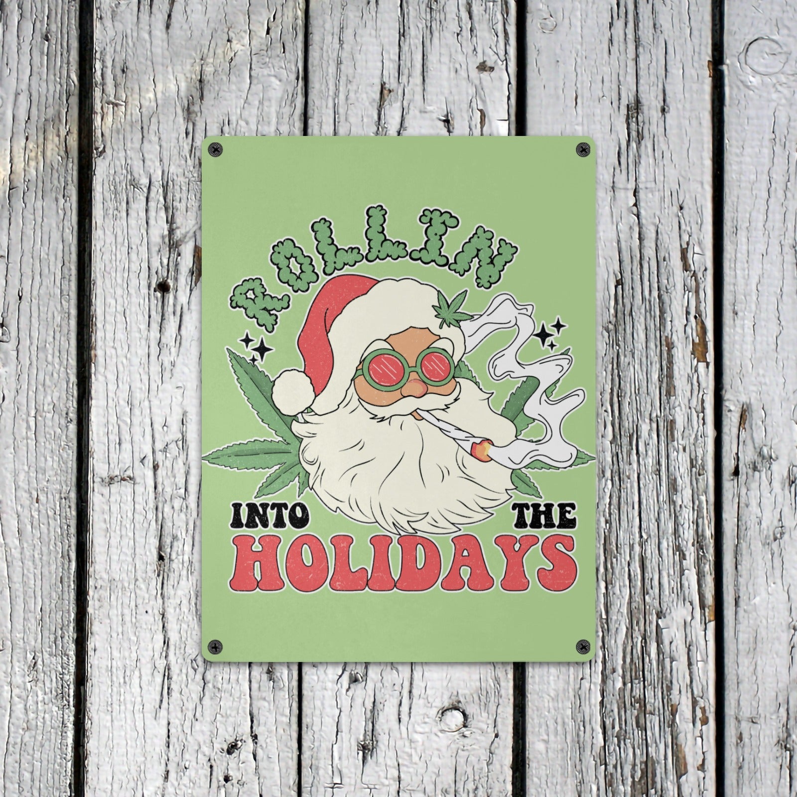 Pot Leaf Christmas Holiday Home Decor Wall Art Poster Funny Santa Sign Indoor / Outdoor Metal Tin Sign 12"x16"