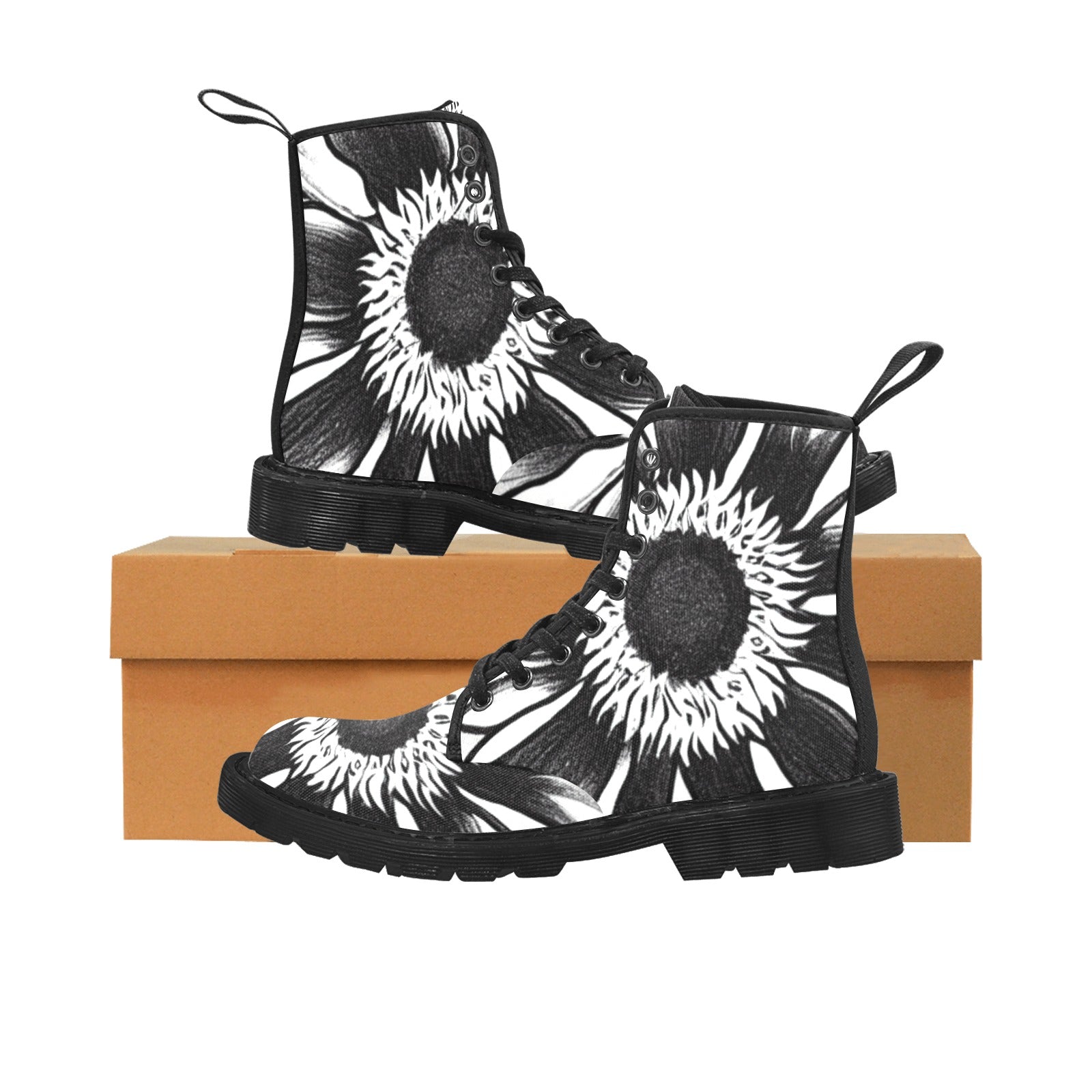 Black & White Sunflower Women's Lace Up Canvas Boots - Cranberry Lake Design Co.  #