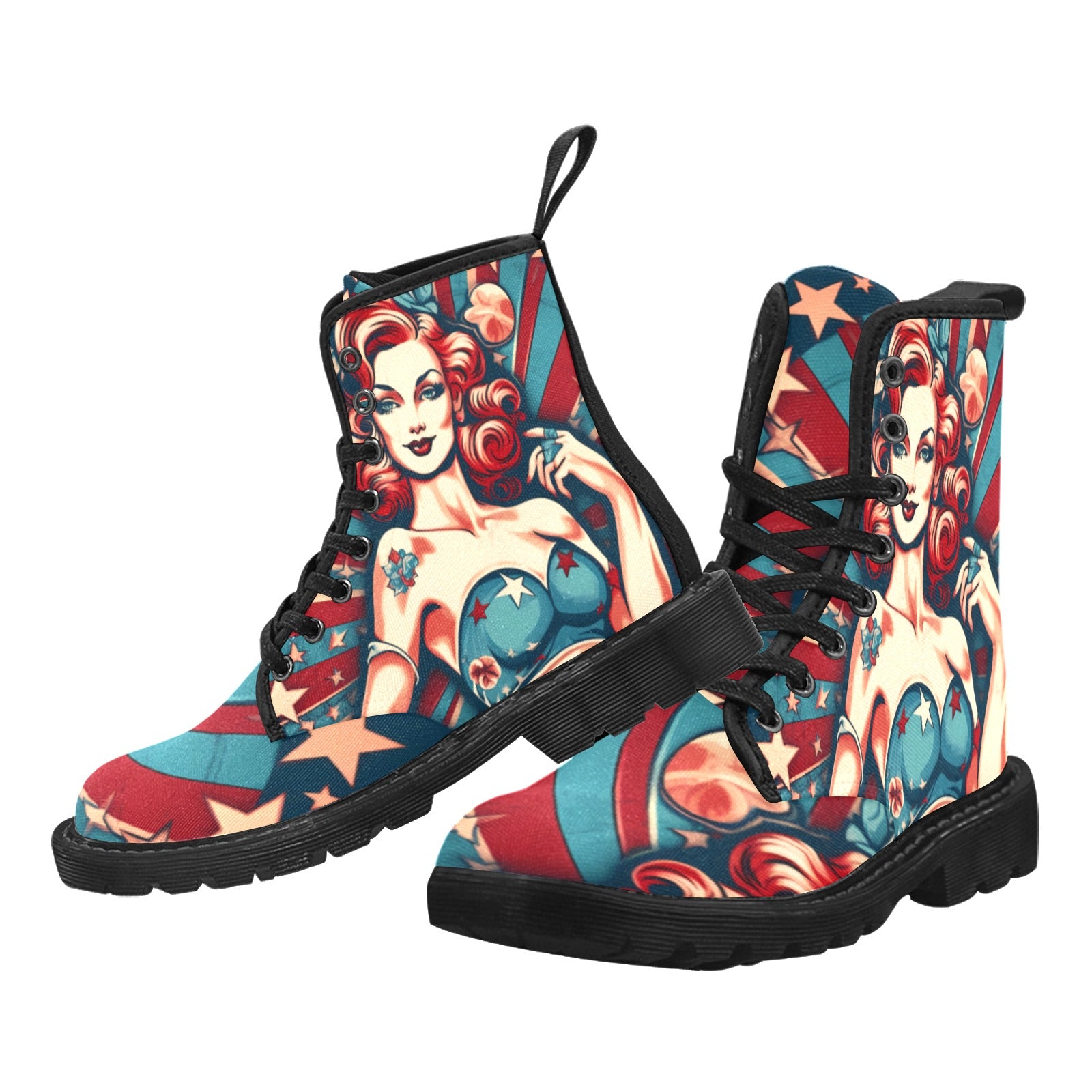 American Flag Patriotic Pin Up Girl Women's Lace Up Canvas Boots (Black) - Cranberry Lake Design Co.  #