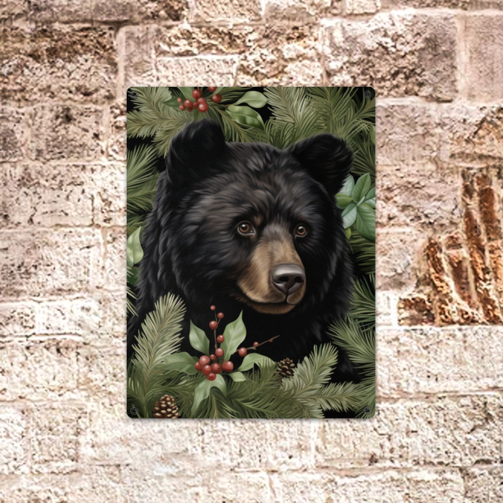 Rustic Lodge Home Decor Holly Black Bear Sign Indoor / Outdoor Metal Tin Sign 12"x16"