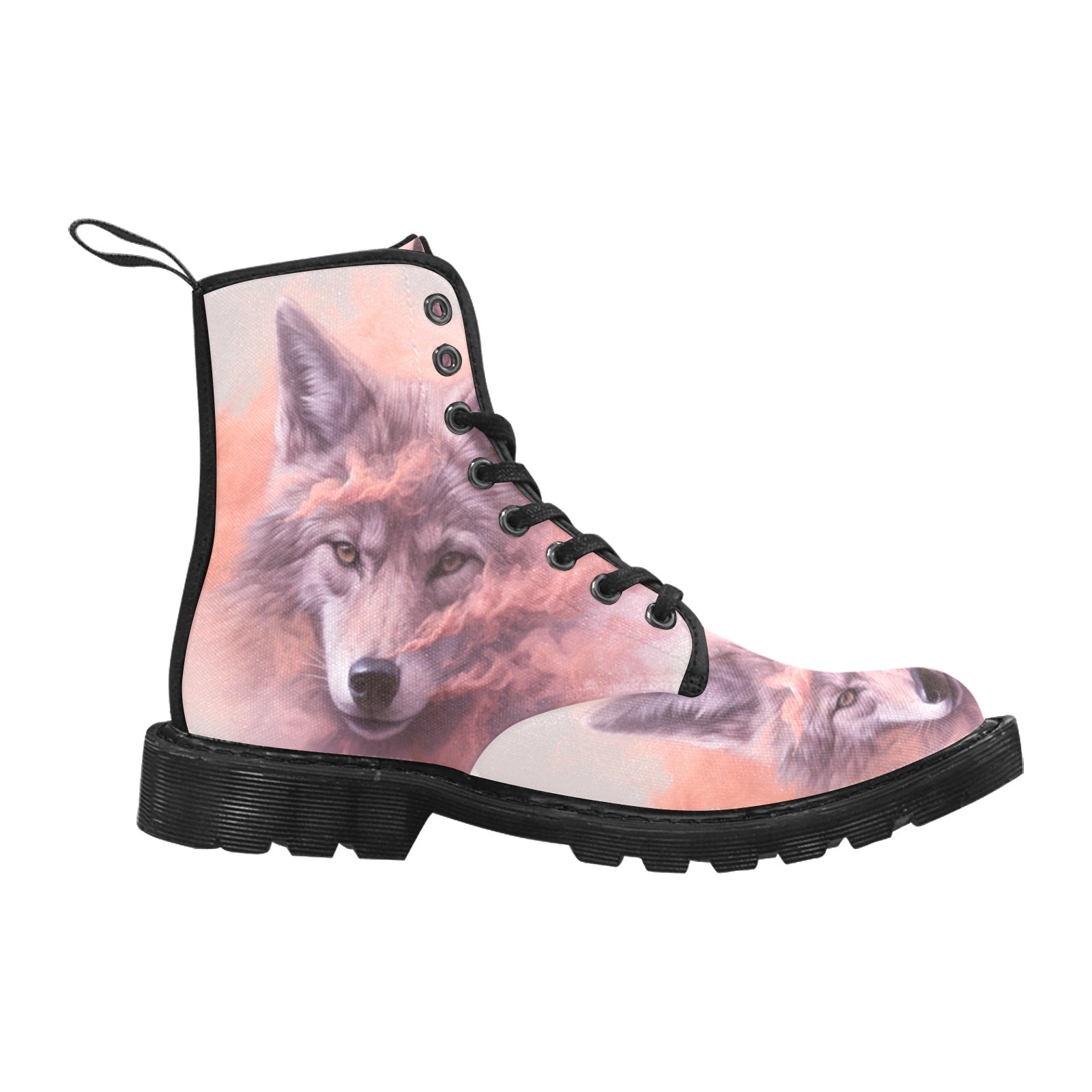 Pink Smoke Wolf Women's Lace Up Canvas Boots (Black) - Cranberry Lake Design Co.  #