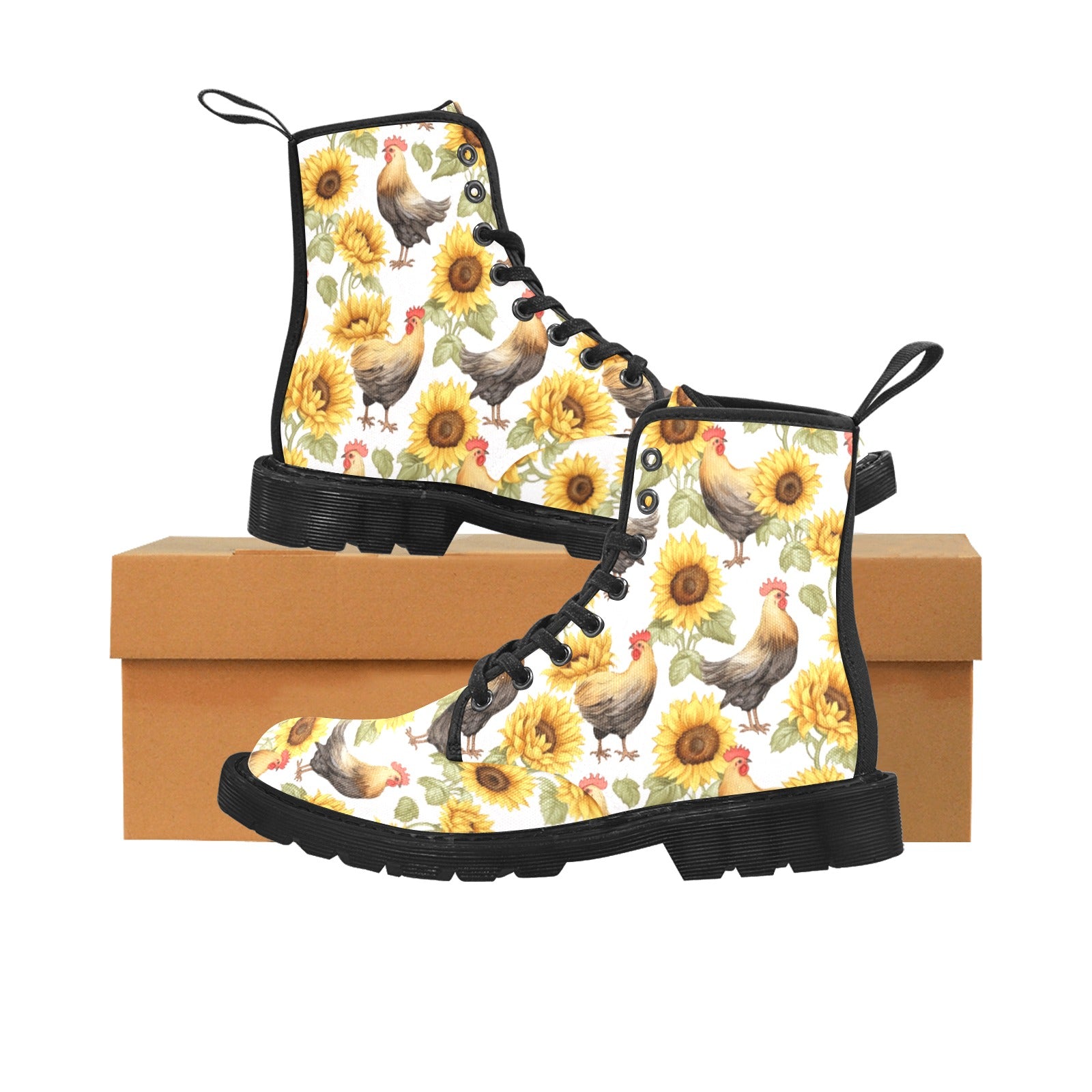 Chicken & Sunflowers Pattern Women's Lace Up Canvas Boots - Cranberry Lake Design Co.  #