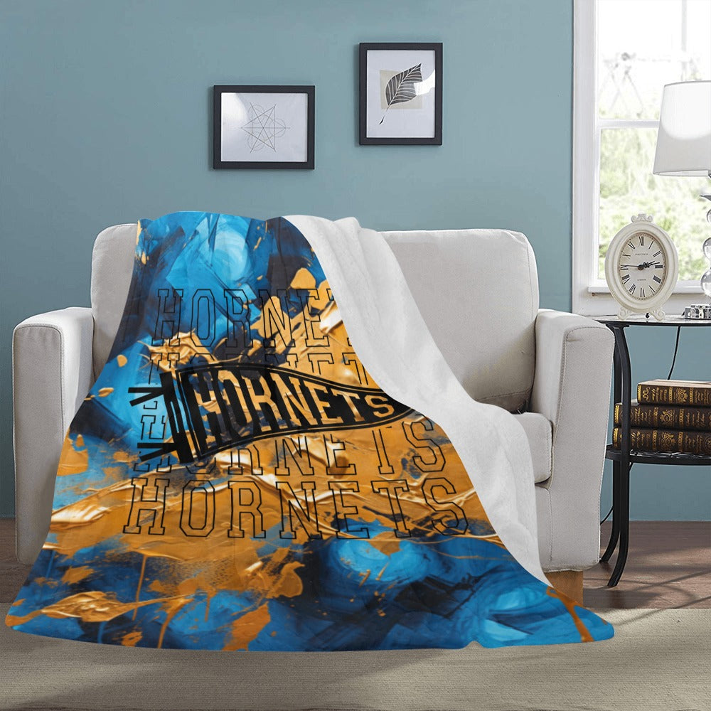 Cranberry Lake Designs Hornets Logo Blanket in Blue and Gold Paint