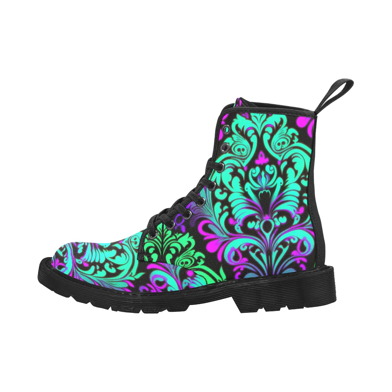 Neon Vintage Turquoise Purple Women's Lace Up Canvas Boots - Black - Cranberry Lake Design Co.  #