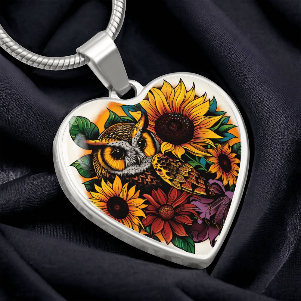 Owl and Sunflower Necklace - Autumn Owl Pendant - Nature Inspired Jewelry - Gift for Owl Lovers