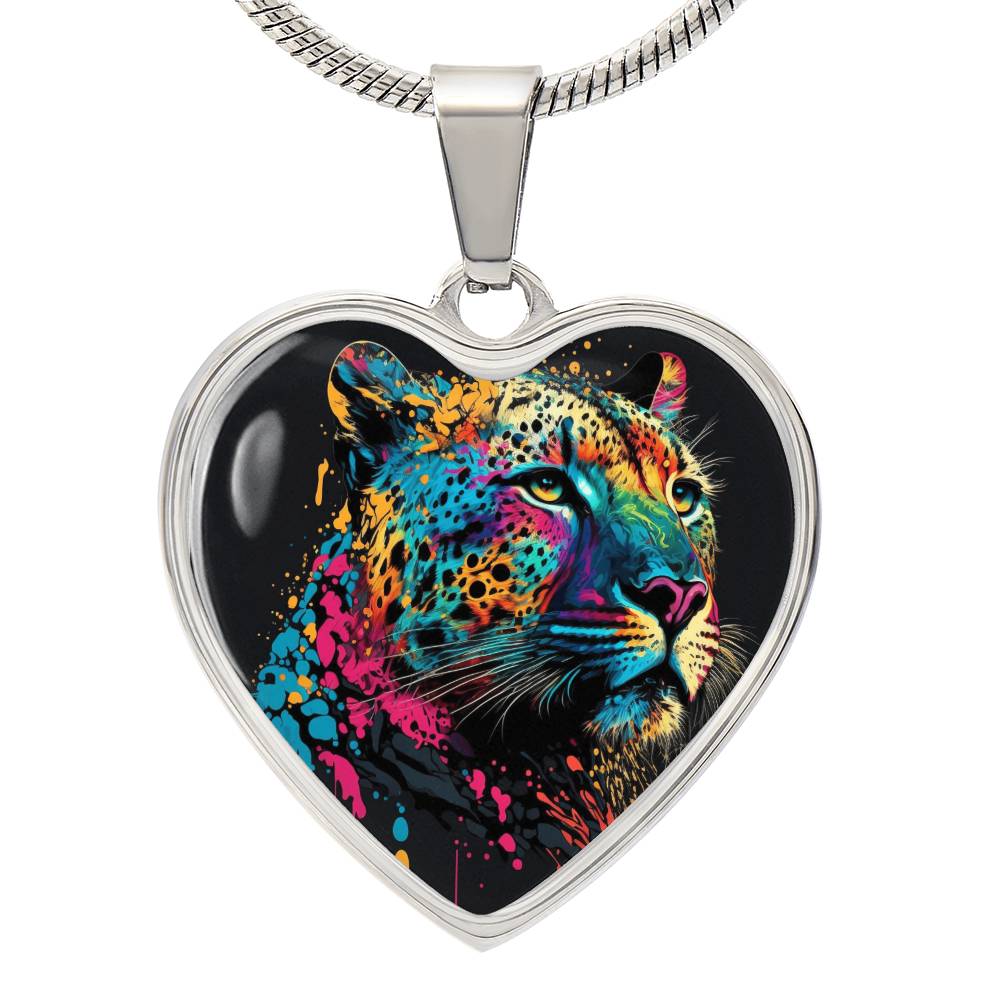 Vibrant Leopard Heart Necklace, Colorful Animal Jewelry,  Wildlife Inspired Gift, Statement Necklace,  Art Lover Gift