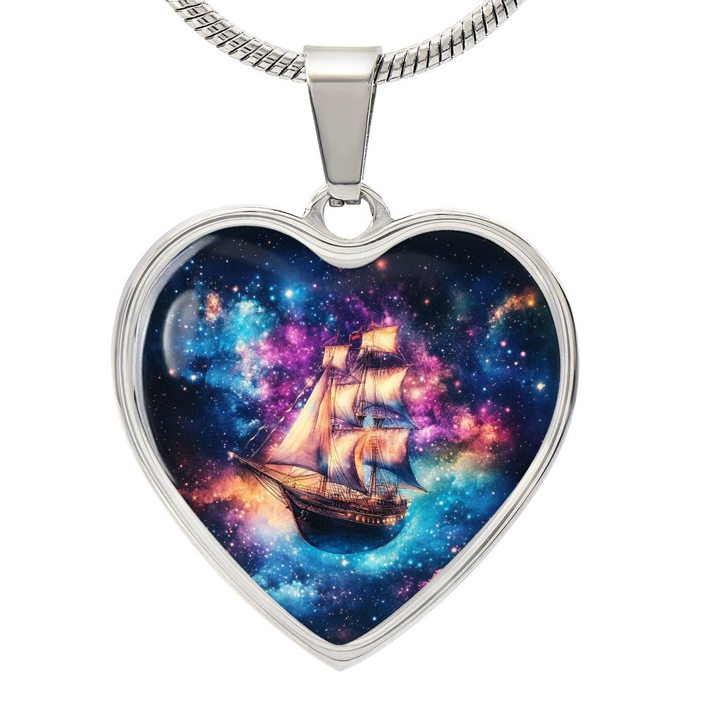 Heart Necklace, Nautical Ship in Space Pendant, Galaxy Jewelry, Gift for Him, Gift for Her, Christmas Gift, Birthday Gift, Unique Gift, Glass Pendant