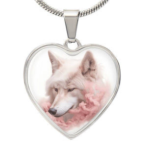 Arctic Wolf in Pink Mist Heart Necklace, Mystical Wolf Jewelry,  Wildlife Inspired Gift,  Nature Lover Gift, Unique Wolf Gift