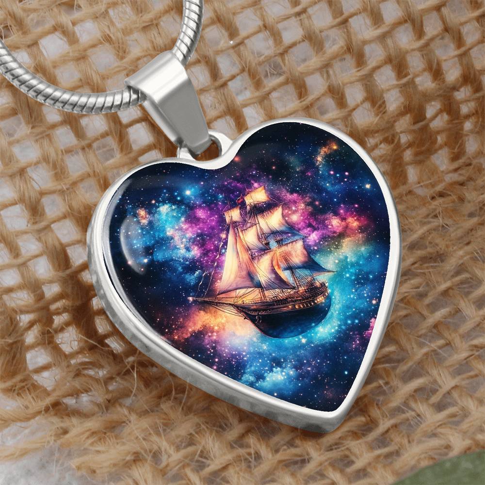 Heart Necklace, Nautical Ship in Space Pendant, Galaxy Jewelry, Gift for Him, Gift for Her, Christmas Gift, Birthday Gift, Unique Gift, Glass Pendant