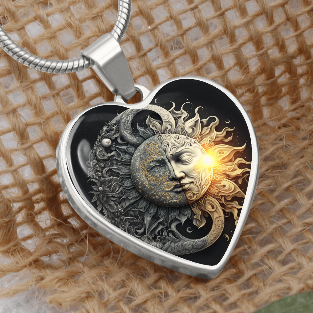 Sun and Moon Heart Necklace, Celestial Jewelry,  Balance of Opposites, Day and Night Pendant,