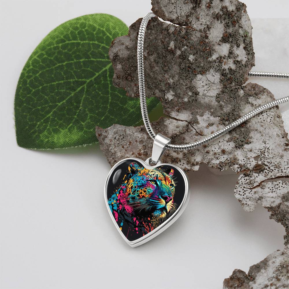 Vibrant Leopard Heart Necklace, Colorful Animal Jewelry,  Wildlife Inspired Gift, Statement Necklace,  Art Lover Gift