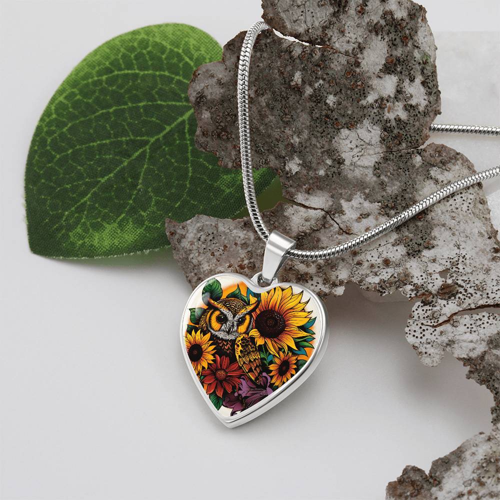 Owl and Sunflower Necklace - Autumn Owl Pendant - Nature Inspired Jewelry - Gift for Owl Lovers