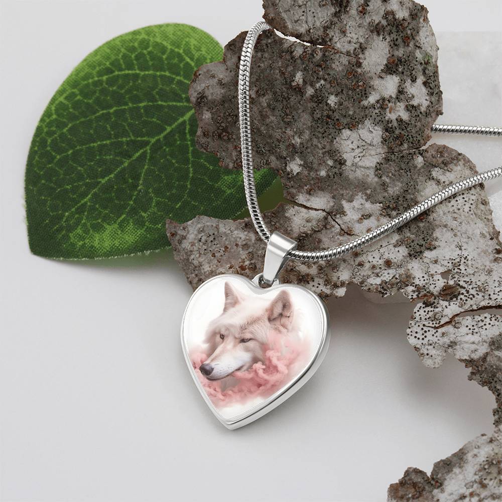 Arctic Wolf in Pink Mist Heart Necklace, Mystical Wolf Jewelry,  Wildlife Inspired Gift,  Nature Lover Gift, Unique Wolf Gift