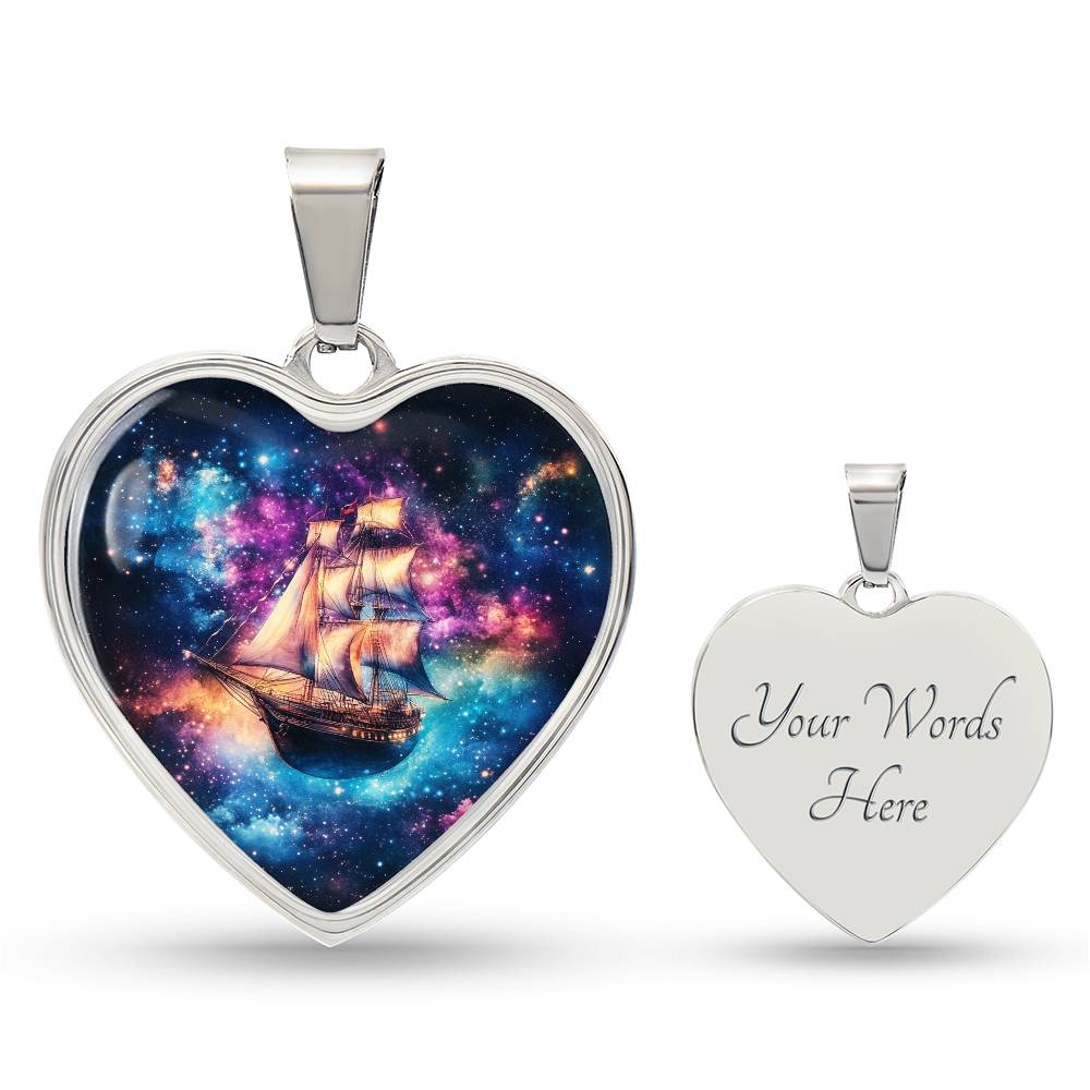 Heart Necklace, Nautical Ship in Space Pendant, Galaxy Jewelry, Gift for Him, Gift for Her, Christmas Gift, Birthday Gift, Unique Gift, Glass Pendant