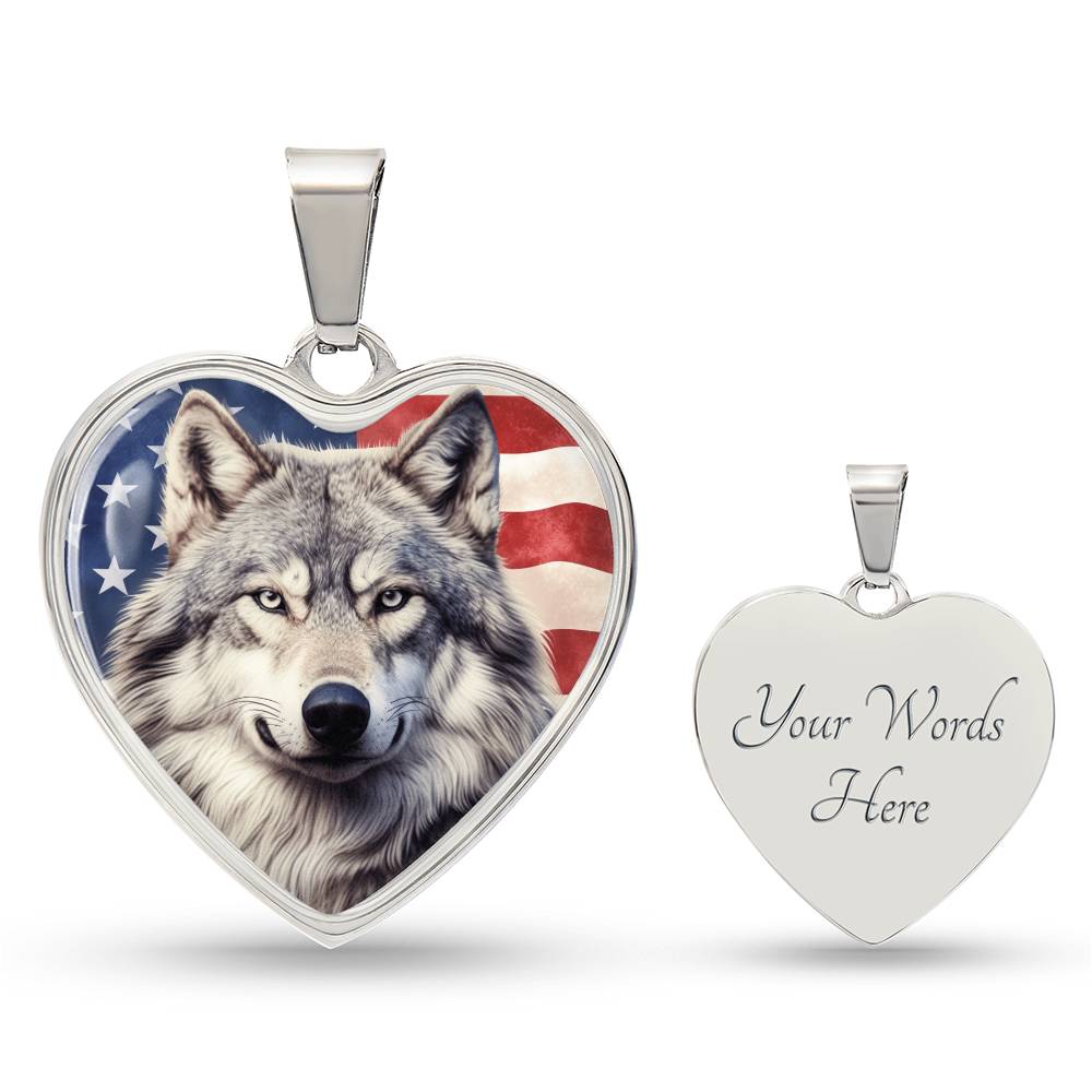 Patriotic Wolf Heart Necklace, American Flag Wolf Jewelry, Gift for Wolf Lovers, USA Pride Necklace, Gift for Patriots